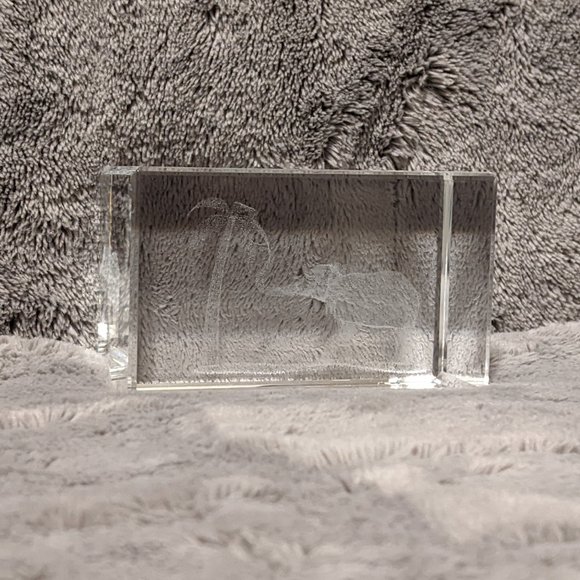 Crystal Glass Cube 3-D Elephant Palm Tree Safari Scene Laser Cut Paperweight - Picture 5 of 8